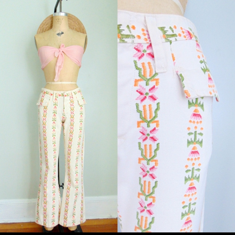 Vintage 1970's Low Rise Floral Striped Denim